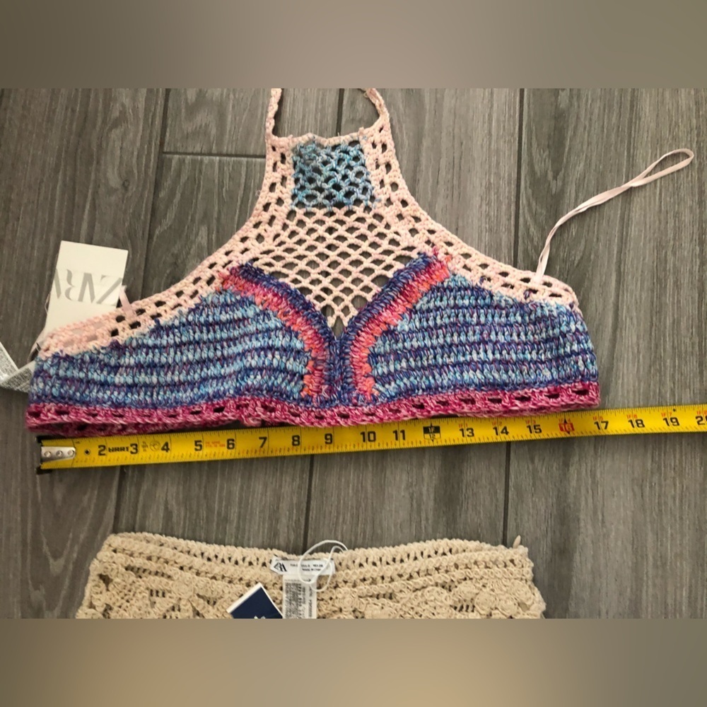 ZARA|Boho crotchet two piece bikini set in floral neutral tan & colorful top,NWT - Picture 15 of 16